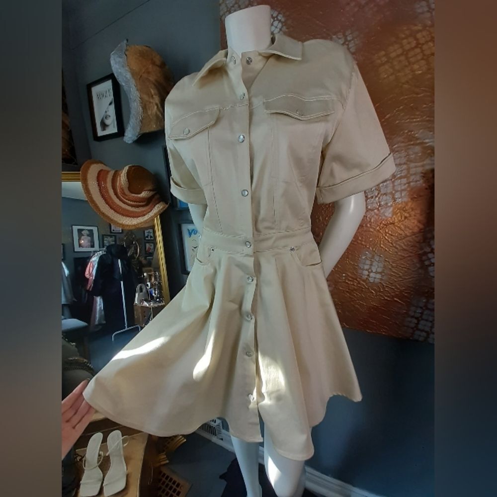 Zara Cotton Blend Beige Button-Up Technical Mini Dress